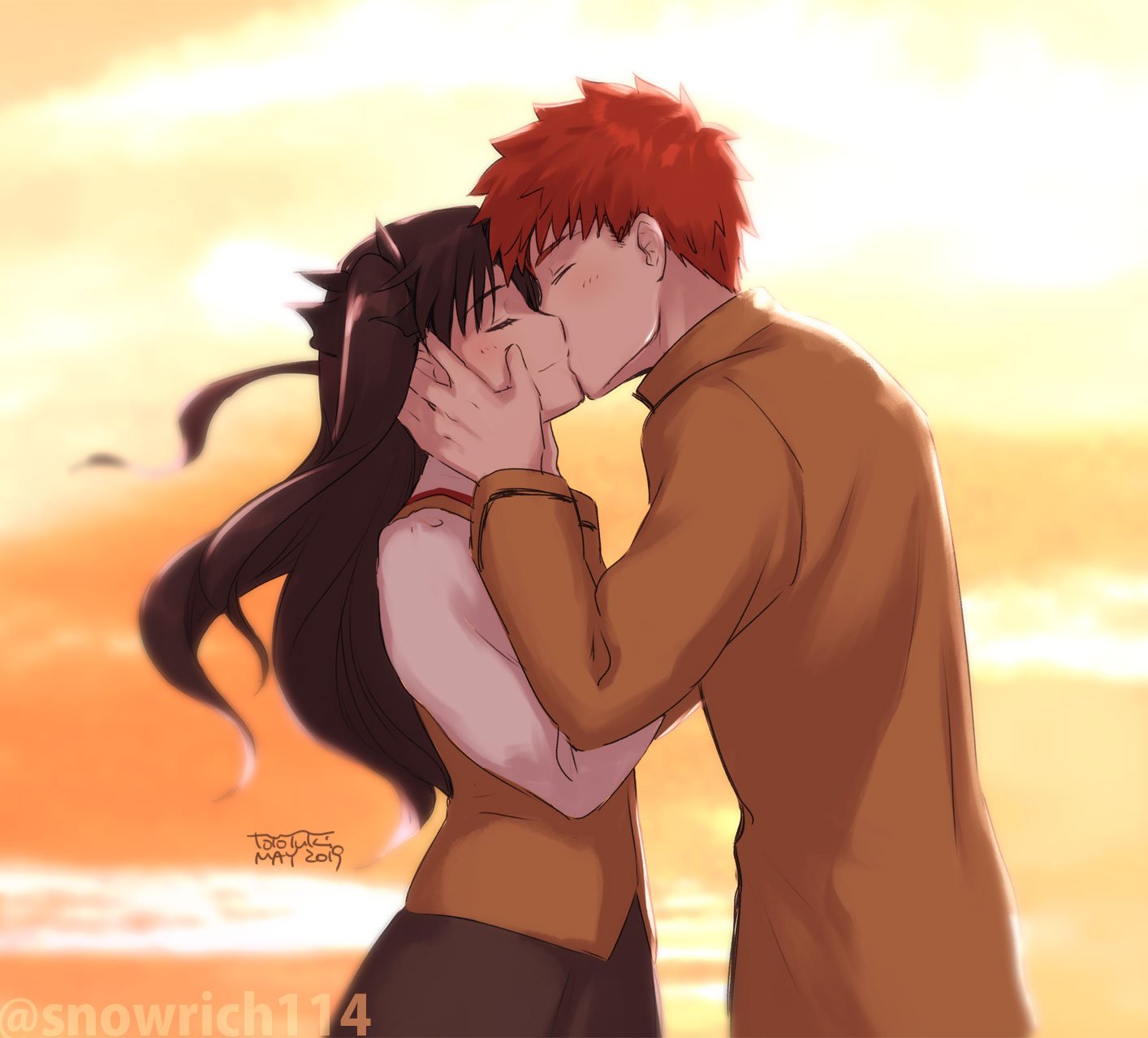 1boy 1girl black_hair emiya_shirou fate/hollow_ataraxia fate/stay_night fate_(series) highres homurahara_academy_uniform kiss kiss_day redhead school_uniform smile toosaka_rin twintails yukako_(toyoyuki)