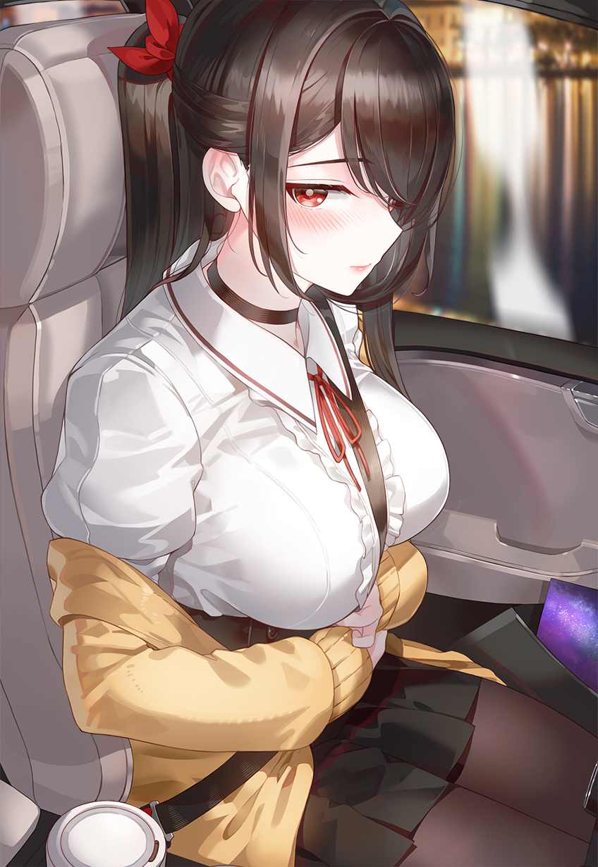 1girl black_choker black_hair black_skirt blush braid breasts brown_legwear car_interior center_frills choker closed_mouth collared_shirt cup disposable_cup frilled_shirt frills hair_ribbon highres jacket kfr large_breasts long_hair long_sleeves minigirl neck_ribbon off_shoulder open_clothes open_jacket original pantyhose pink_lips pleated_skirt ponytail red_eyes red_neckwear red_ribbon ribbon seat shirt single_braid sitting skirt sleeves_past_wrists solo yellow_jacket
