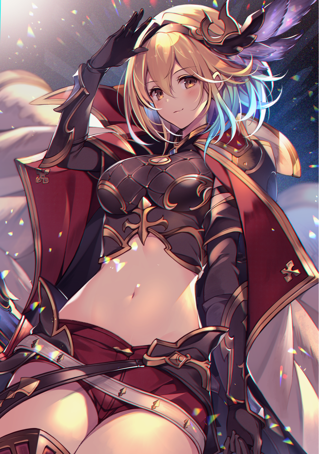 1girl armor bangs belt black_gloves blonde_hair blush breastplate breasts brown_eyes cloak closed_mouth cowboy_shot crop_top djeeta_(granblue_fantasy) djeeta_(granblue_fantasy)_(conqueror_of_the_eternals) elbow_gloves feather_hair_ornament gloves granblue_fantasy hair_between_eyes hair_ornament hairband hand_up highres homaderi looking_at_viewer medium_breasts midriff multiple_belts navel red_shorts salute short_hair short_shorts shorts shoulder_armor smile solo white_cloak