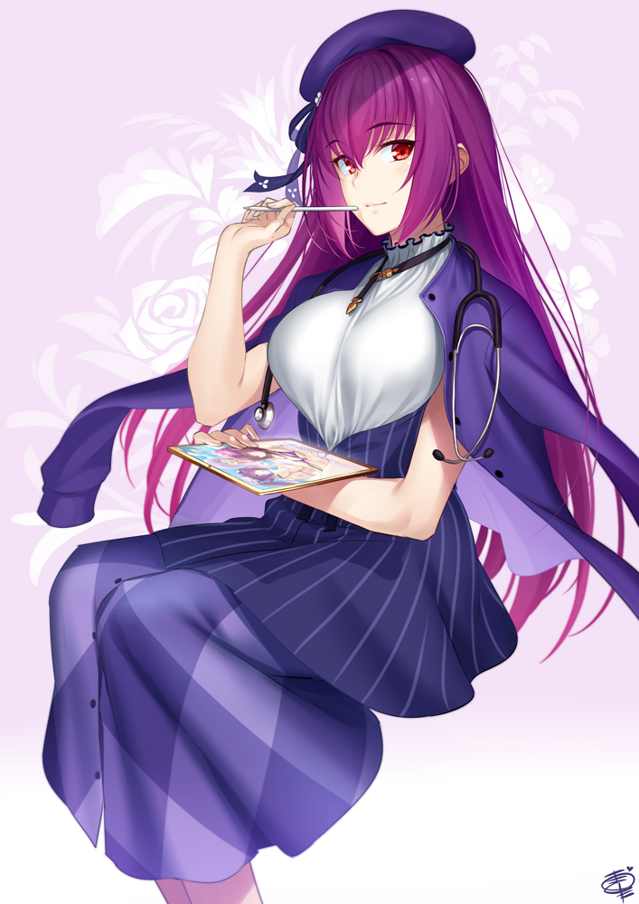 1girl bangs beret blush breasts closed_mouth dress fate/grand_order fate_(series) floral_background hair_between_eyes hat heroic_spirit_festival_outfit jacket jacket_on_shoulders large_breasts long_hair looking_at_viewer okitakung pen purple_background purple_dress purple_hair purple_jacket red_eyes scathach_(fate)_(all) scathach_skadi_(fate/grand_order) smile solo stethoscope