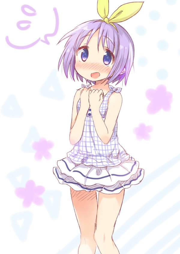 1girl blue_eyes blush commentary_request cowboy_shot eyebrows_visible_through_hair frilled_skirt frills hair_ornament hair_ribbon hairband hands_on_own_chest hiiragi_tsukasa knees_together_feet_apart looking_at_viewer lucky_star open_mouth purple_hair ribbon short_hair skirt solo standing tareme tatsunokosso white_background white_skirt yellow_ribbon