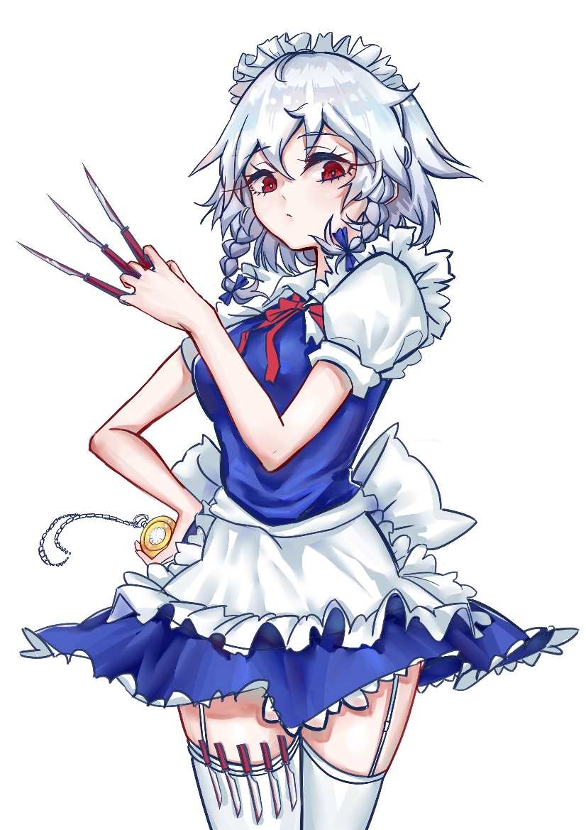 1girl apron baatiaanshi bangs blue_bow blue_dress bow braid breasts commentary_request dress eyebrows_visible_through_hair eyelashes frilled_apron frills garter_straps hair_between_eyes hair_bow hand_up holding holding_knife holding_pocket_watch holding_weapon izayoi_sakuya knife knives_between_fingers looking_at_viewer maid maid_apron maid_headdress medium_breasts neck_ribbon pocket_watch puffy_short_sleeves puffy_sleeves red_eyes red_neckwear red_ribbon ribbon shirt short_hair short_sleeves silver_hair simple_background solo thigh-highs thighs touhou twin_braids waist_apron watch weapon white_apron white_background white_legwear white_shirt zettai_ryouiki