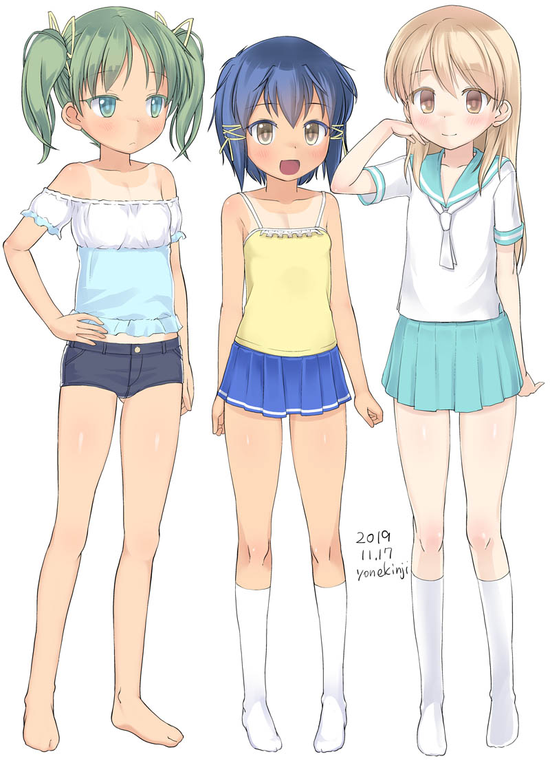 3girls :d artist_name bangs bare_shoulders barefoot black_shorts blue_eyes blue_hair blue_sailor_collar blue_skirt blush brown_eyes camisole closed_mouth collarbone dated eyebrows_visible_through_hair green_hair hair_between_eyes hair_ribbon hand_on_hip kneehighs light_brown_hair long_hair multiple_girls no_shoes off-shoulder_shirt off_shoulder open_mouth original parted_bangs pleated_skirt puffy_short_sleeves puffy_sleeves ribbon sailor_collar shirt short_shorts short_sleeves shorts signature simple_background skirt smile tan tanline twintails white_background white_legwear white_neckwear white_shirt yellow_camisole yellow_ribbon yone_kinji