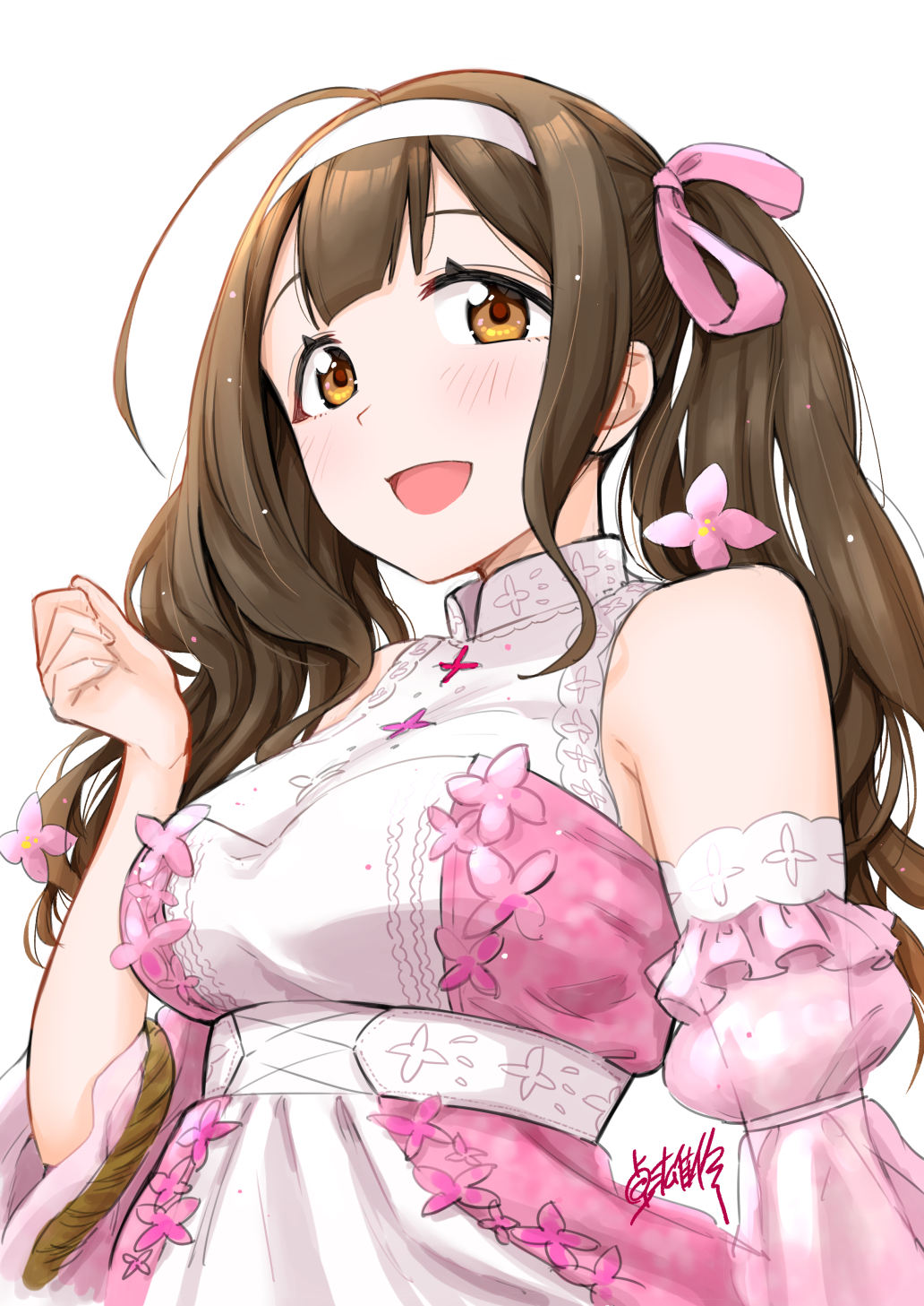 1girl antenna_hair blush breasts brown_hair dress flower hair_flower hair_ornament hair_ribbon highres idolmaster idolmaster_shiny_colors long_hair open_clothes ribbon takuji_yuusaku yellow_eyes