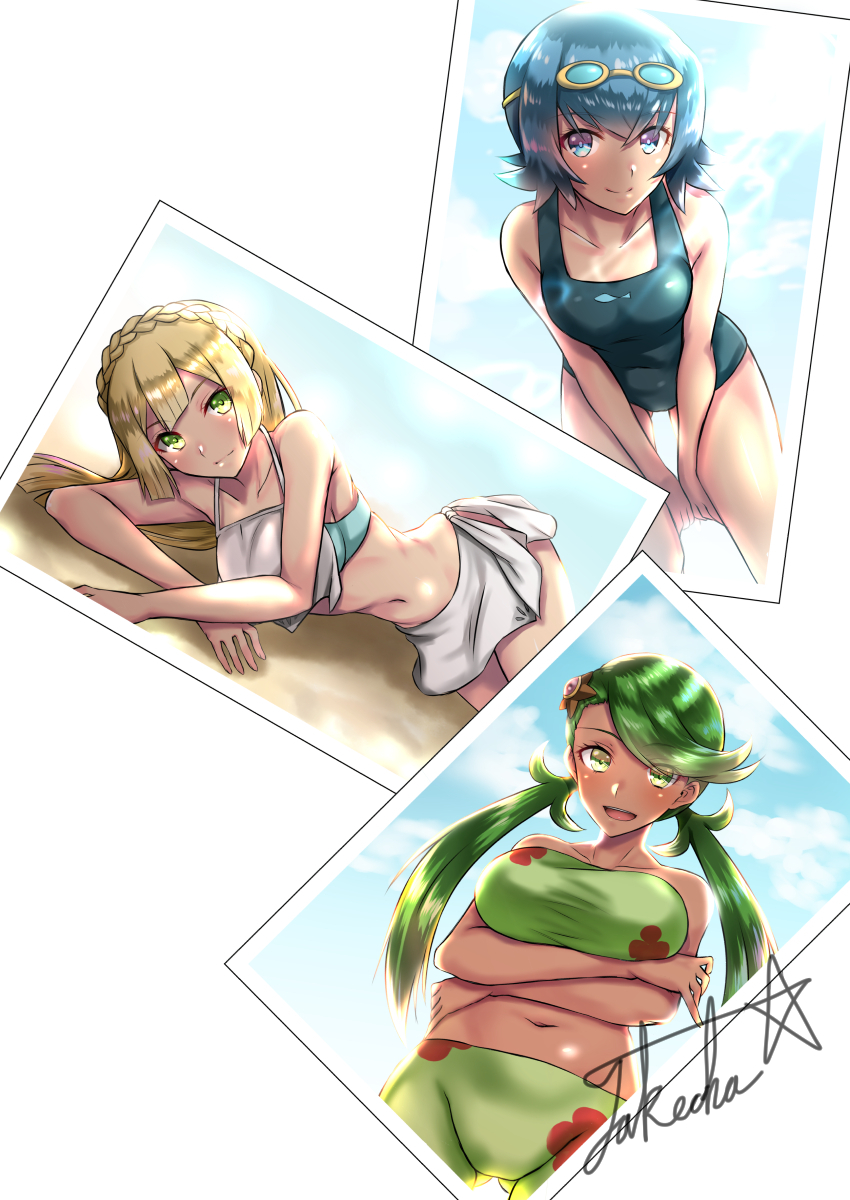 3girls bare_shoulders bent_over bikini blonde_hair blue_eyes blue_hair braid closed_mouth clouds cloudy_sky crossed_arms dark_skin from_above goggles goggles_on_head green_eyes green_hair hair_ornament highres lillie_(pokemon) long_hair looking_at_viewer low_twintails lying mallow_(pokemon) multiple_girls photo_(object) pokemon shorts signature sky staryu suiren_(pokemon) sunlight swimsuit takecha twintails