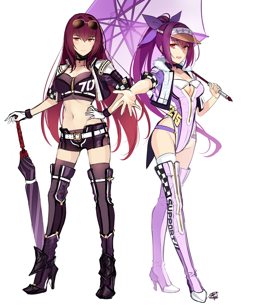 2girls bangs belt black_legwear blush boots bow breasts closed_mouth closed_umbrella coattails cropped_jacket eyewear_on_head fate/grand_order fate_(series) full_body fur-trimmed_jacket fur_trim gloves hair_between_eyes hair_bow high_heel_boots high_heels jacket large_breasts leotard long_hair looking_at_viewer midriff multiple_girls navel okitakung open_mouth outstretched_arm ponytail purple_bow purple_footwear purple_jacket purple_leotard purple_shorts racequeen red_eyes scathach_(fate)_(all) scathach_(fate/grand_order) scathach_skadi_(fate/grand_order) short_shorts shorts simple_background smile sunglasses thigh-highs thigh_boots thighhighs_under_boots umbrella visor_cap white_background white_gloves white_legwear