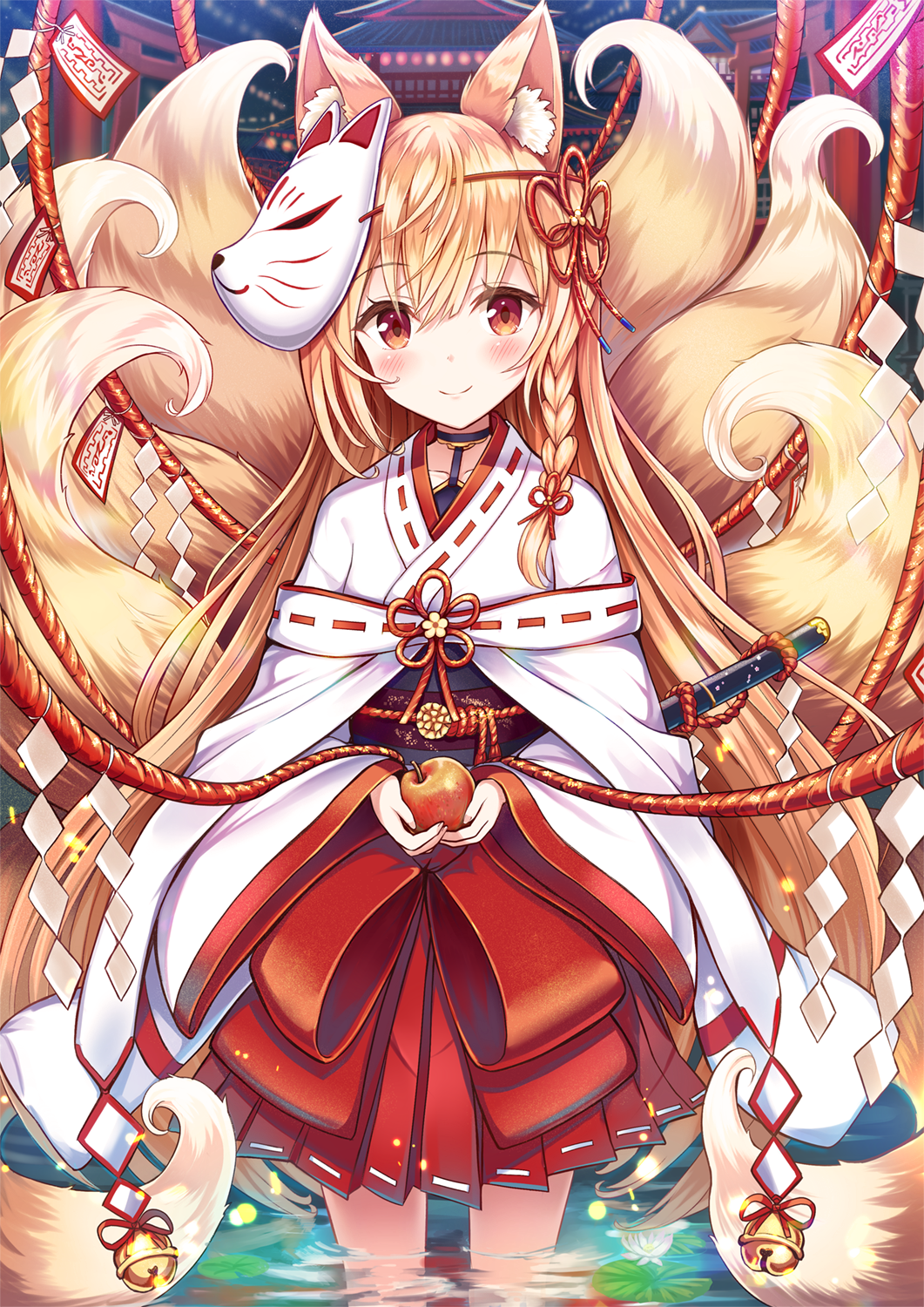 1girl animal_ears apple architecture bangs bell blonde_hair blush braid east_asian_architecture eyebrows_visible_through_hair food fox_ears fox_mask fox_tail fruit hair_ornament hakama highres japanese_clothes lily_pad long_hair looking_at_viewer mask miko multiple_tails obi original red_eyes red_hakama sakura_ani sash smile solo standing tail water wide_sleeves