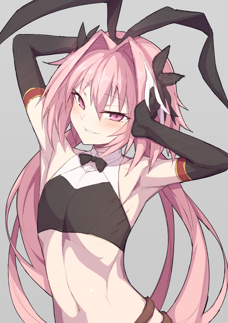 1boy animal_ears astolfo_(fate) black_bow black_gloves black_ribbon blush bow chinese_commentary commentary covered_nipples elbow_gloves english_commentary fate/grand_order fate_(series) gloves hair_bow hair_intakes hair_ribbon hand_behind_head hand_on_own_head long_hair looking_at_viewer male_focus mixed-language_commentary multicolored_hair navel otoko_no_ko pink_hair rabbit_ears ribbon smile solo stomach streaked_hair toned twintails violet_eyes waero