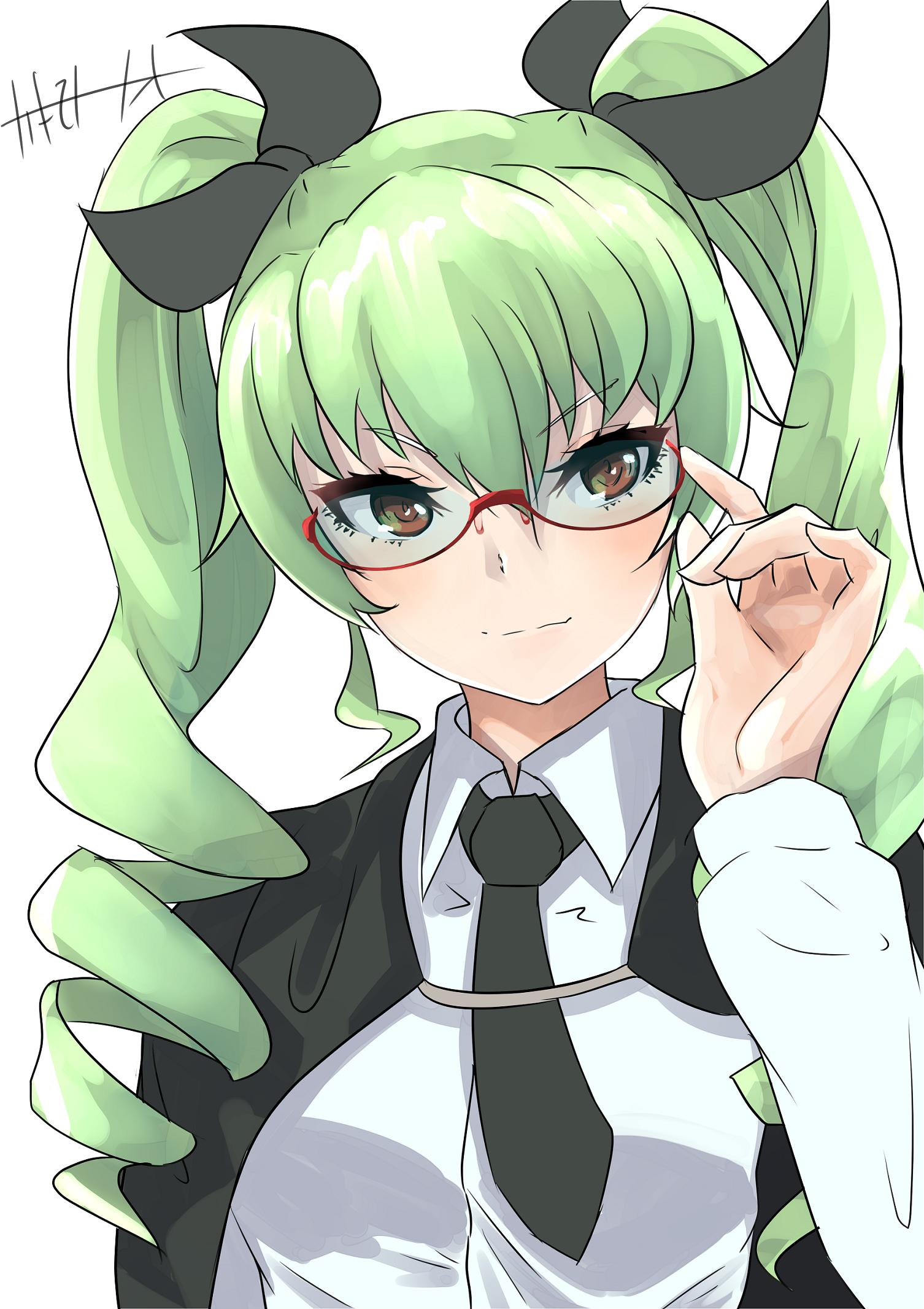 1girl adjusting_eyewear anchovy anzio_school_uniform artist_name bangs black_cape black_neckwear black_ribbon cape closed_mouth commentary dress_shirt drill_hair eyebrows_visible_through_hair girls_und_panzer glasses green_hair hair_ribbon highres kakimoto_nao long_hair long_sleeves looking_at_viewer necktie red-framed_eyewear red_eyes ribbon school_uniform semi-rimless_eyewear shirt signature simple_background smile solo twin_drills twintails under-rim_eyewear upper_body white_background white_shirt