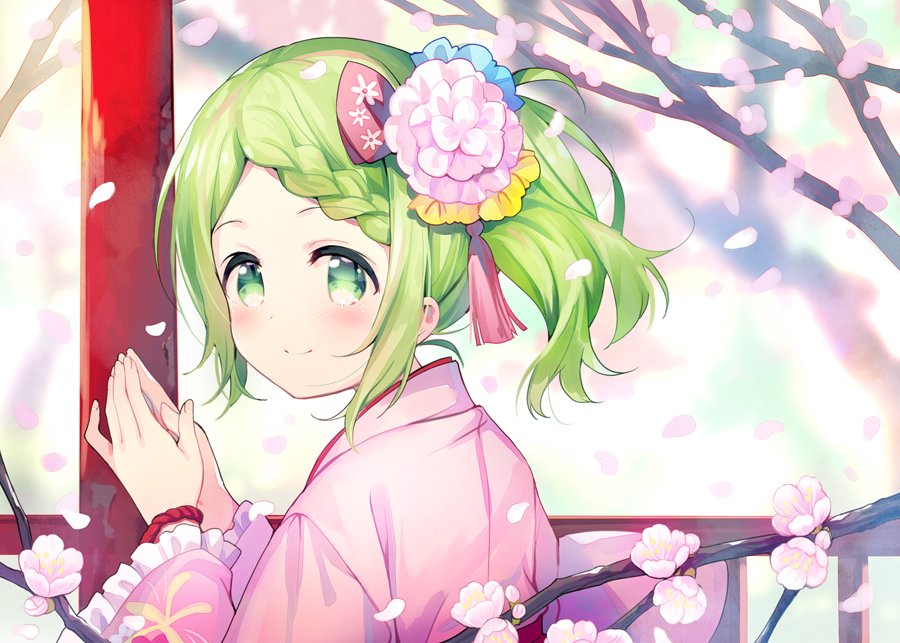 1girl bangs blue_flower blurry blurry_background blush closed_mouth depth_of_field eyebrows_visible_through_hair flower frilled_sleeves frills green_eyes green_hair hair_flower hair_ornament hands_together hands_up japanese_clothes kimono long_sleeves looking_at_viewer looking_to_the_side meito_(maze) morinaka_kazaki nijisanji own_hands_together parted_bangs petals pink_flower pink_kimono side_ponytail sidelocks smile solo tree_branch upper_body virtual_youtuber wide_sleeves