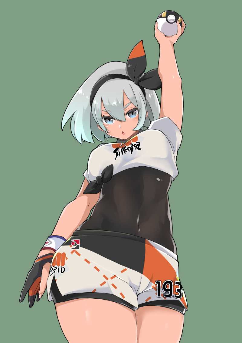 1girl blue_eyes bodysuit breasts covered_navel gloves green_background hairband kirekawa_(lovelyplace) looking_at_viewer open_mouth poke_ball pokemon pokemon_(game) pokemon_swsh saitou_(pokemon) short_hair shorts silver_hair simple_background solo