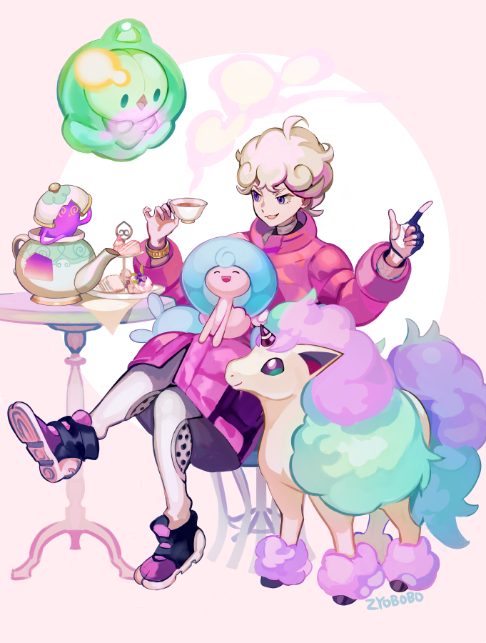 1boy ahoge beet_(pokemon) blonde_hair cup curly_hair galarian_ponyta hattrem jacket male_focus pink_jacket pokemon pokemon_(game) pokemon_swsh polteageist saucer short_hair sitting smile solosis teacup violet_eyes zyo_bo_bo