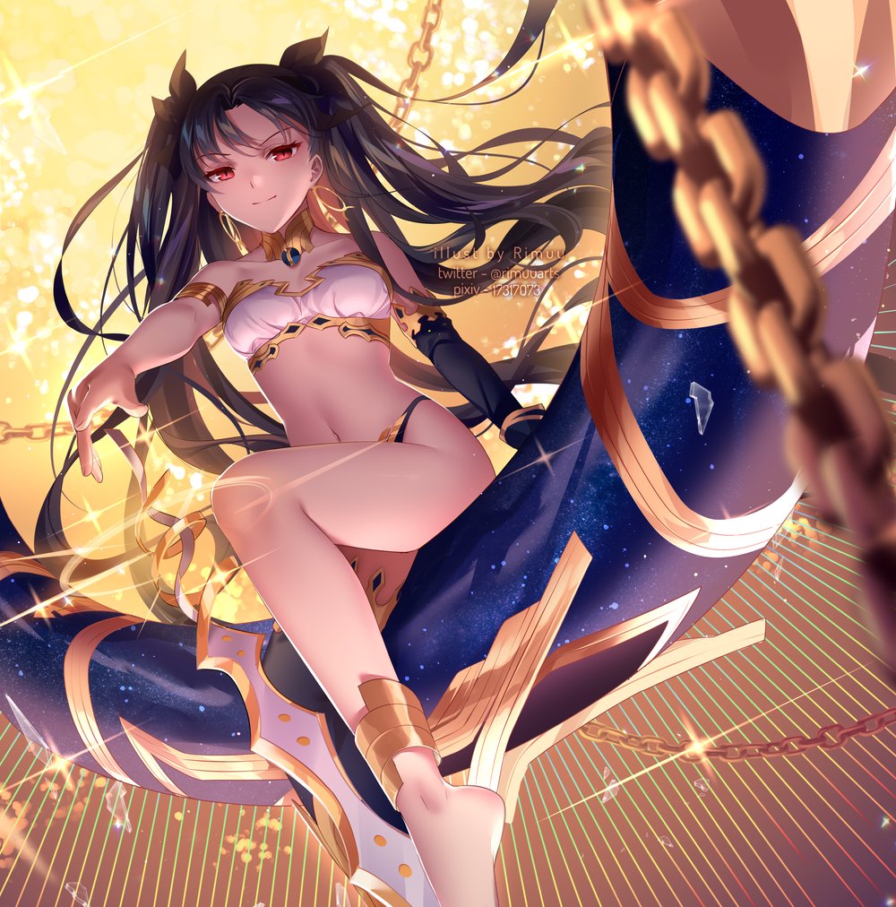 1girl artist_name bandeau bangs bare_shoulders barefoot black_hair black_legwear black_ribbon black_sleeves breasts bridal_legwear broken_glass chain closed_mouth collarbone commentary detached_sleeves earrings eyebrows_visible_through_hair fate/grand_order fate_(series) glass hair_ribbon hoop_earrings ishtar_(fate/grand_order) jewelry long_hair long_sleeves looking_at_viewer navel outstretched_arm parted_bangs pixiv_id red_eyes revealing_clothes ribbon rimuu single_detached_sleeve sitting small_breasts smile solo sparkle stomach strapless tubetop twitter_username two_side_up very_long_hair