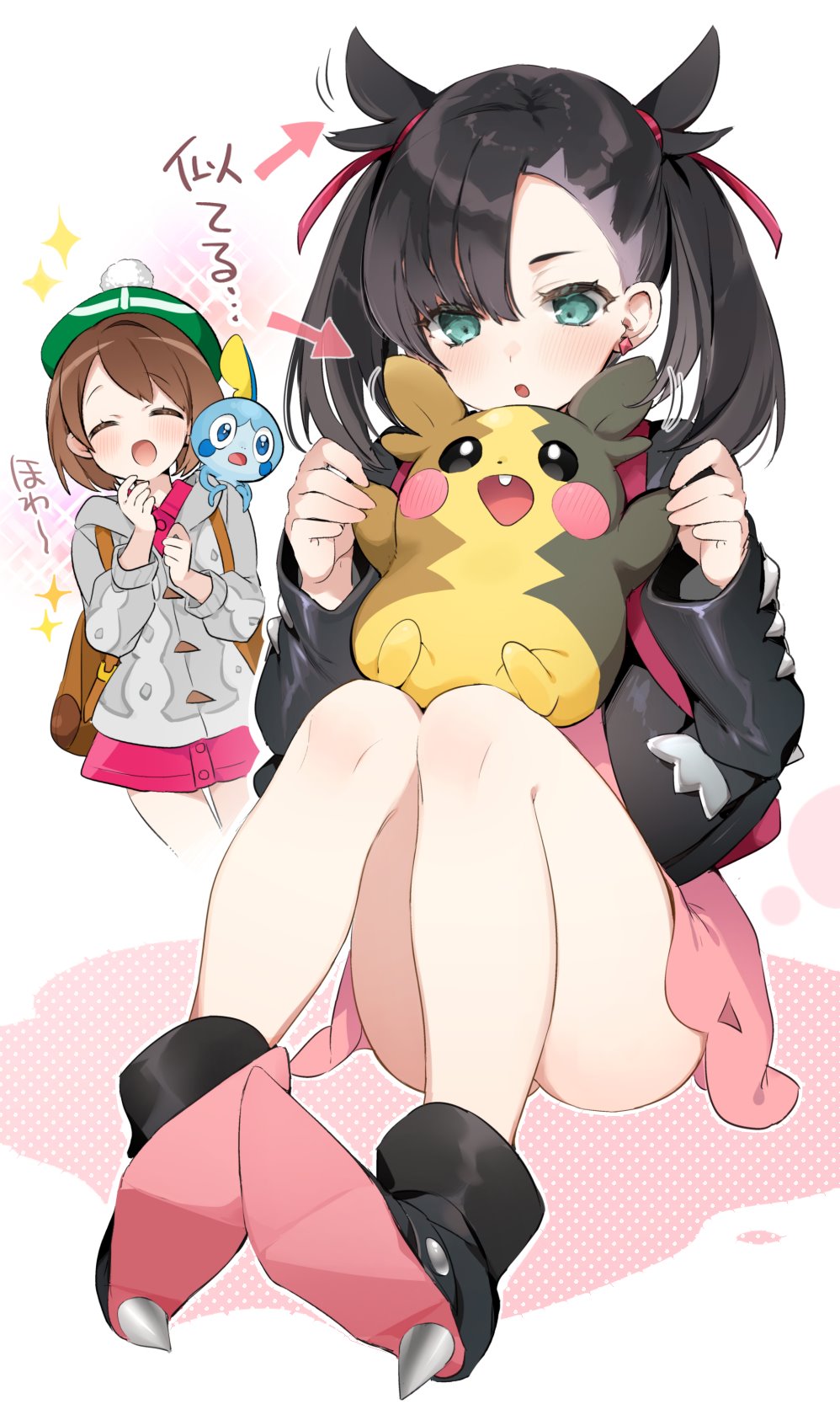 2girls :d :o ^_^ ankle_boots aqua_eyes asymmetrical_bangs backpack bag bangs bare_legs black_footwear black_jacket blush boots brown_hair closed_eyes commentary_request creature_on_shoulder dress ear_wiggle earrings eyebrows_visible_through_hair fang full_body gen_8_pokemon green_headwear grey_coat hair_ribbon hair_wagging high_heel_boots high_heels highres jacket jewelry knees_up long_hair long_sleeves mary_(pokemon) morpeko motion_lines multiple_girls open_clothes open_jacket open_mouth pink_dress playing pokemon pokemon_(creature) pokemon_(game) pokemon_swsh polka_dot red_ribbon ribbon short_dress short_hair sino_(sionori) sitting smile sobble sparkle tam_o'_shanter translated twintails white_background yuuri_(pokemon)