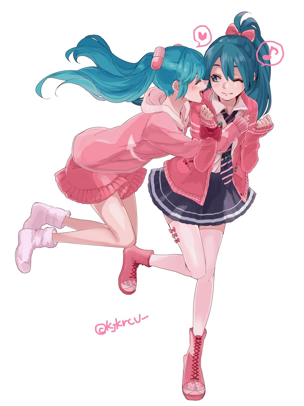 2girls arrow_print blue_hair bow closed_eyes commentary dual_persona eighth_note full_body hair_bow hair_ornament hands_up hatsune_miku heart high_fever_(module) highres hug lady-ichiko leg_up long_hair looking_at_viewer miniskirt multiple_girls musical_note necktie one_eye_closed open_mouth pill pink_skirt pink_sweater ponytail project_diva_(series) ribbon_girl_(module) shirt skirt sleeves_past_wrists slow_motion_(vocaloid) smile socks spoken_heart spoken_musical_note standing striped striped_neckwear sweater thigh-highs twintails twitter_username vocaloid white_legwear white_shirt