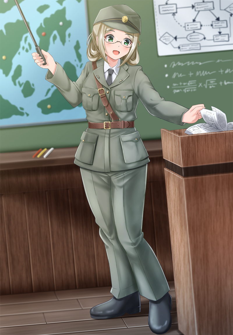 1girl alternate_costume bangs black_footwear book chalkboard chart commentary_request folded_ponytail full_body glasses green_eyes grey_pants kantai_collection katori_(kantai_collection) light_brown_hair map military military_uniform pants parted_bangs podium pointer rimless_eyewear smile solo standing uniform zanntetu