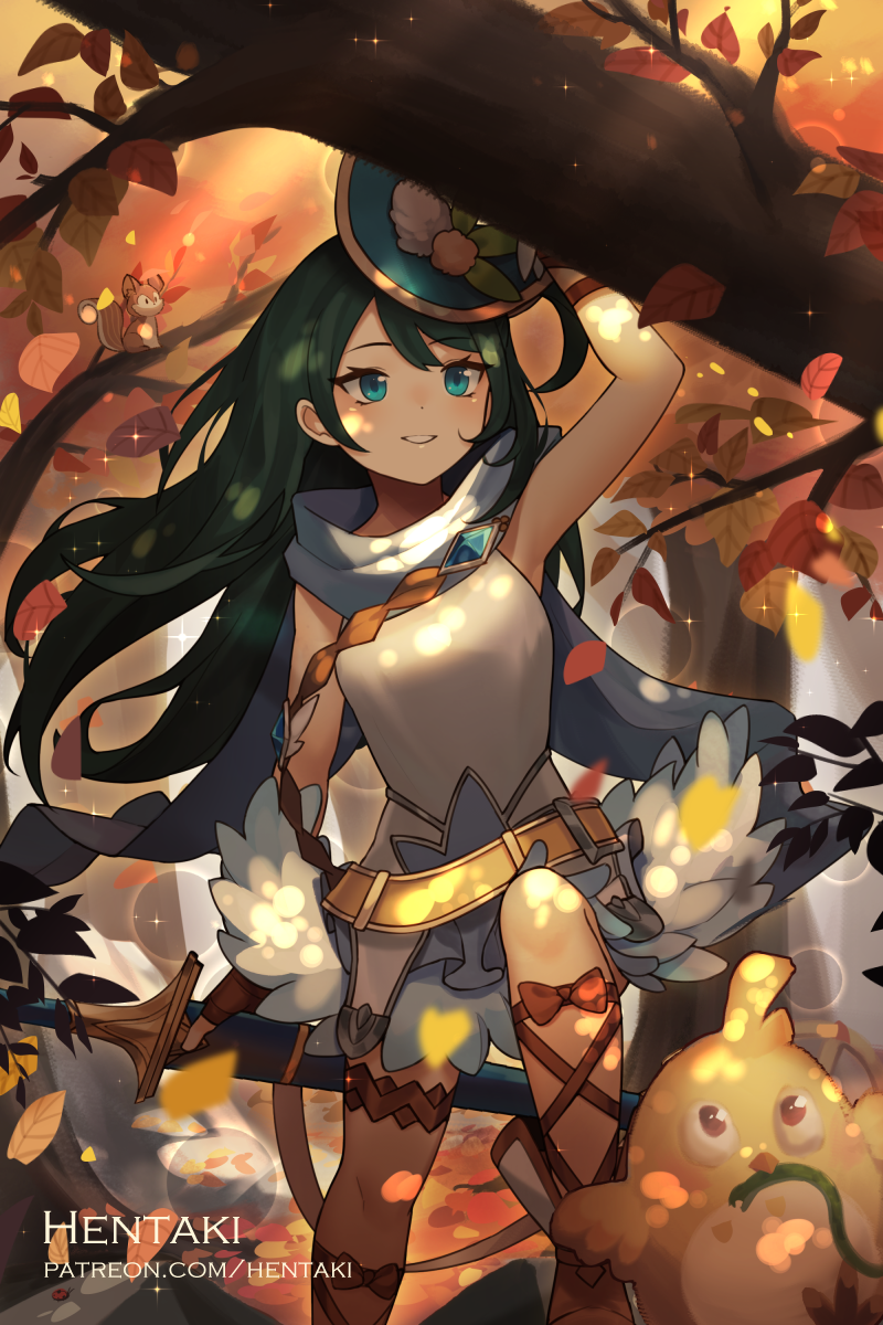 1girl animal arm_up autumn_leaves bangs bird blue_eyes blue_skirt bow breasts brown_bow brown_footwear brown_gloves commentary dragalia_lost dress english_commentary eyebrows_visible_through_hair fingerless_gloves forest gloves green_hair hentaki highres holding holding_sheath layered_skirt long_hair nature odetta_(dragalia_lost) parted_lips sheath sheathed skirt sleeveless sleeveless_dress small_breasts smile solo sparkle squirrel sword tree very_long_hair weapon white_dress