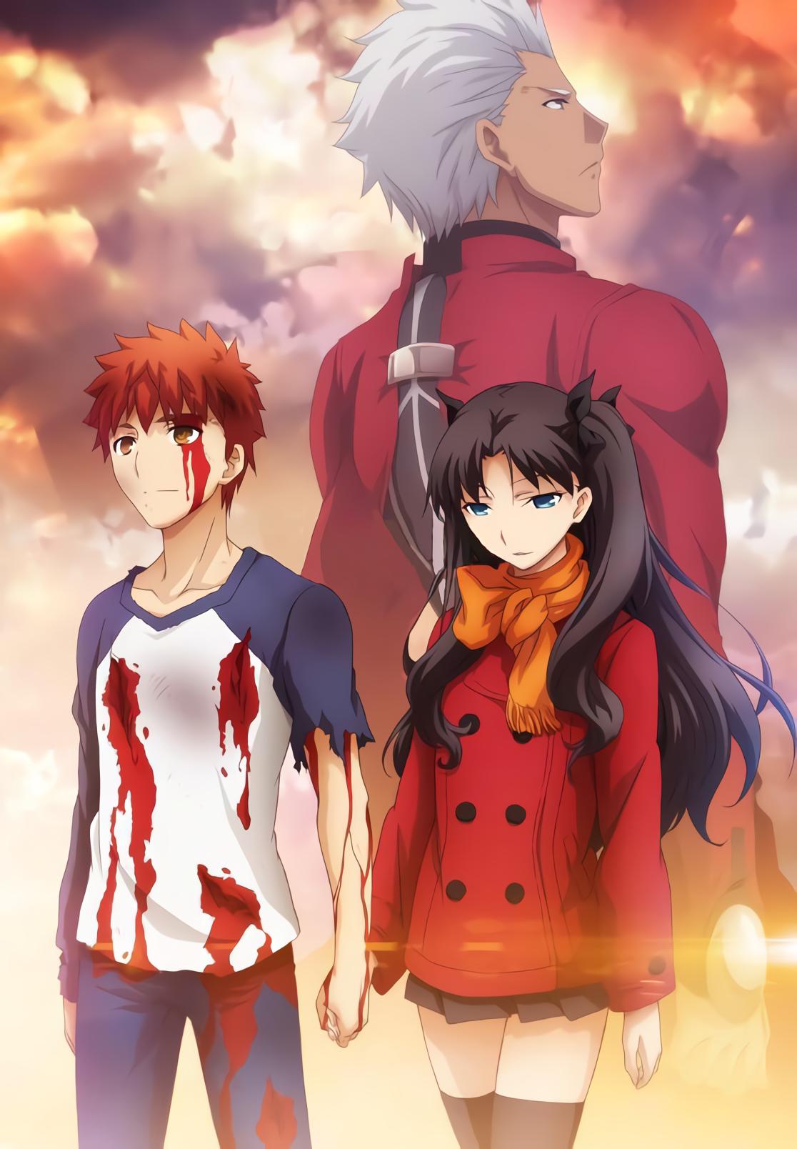1girl archer black_hair blood blood_on_face blue_eyes emiya_shirou fate/stay_night fate_(series) highres holding_hands redhead smile toosaka_rin twintails ufotable white_hair yellow_eyes