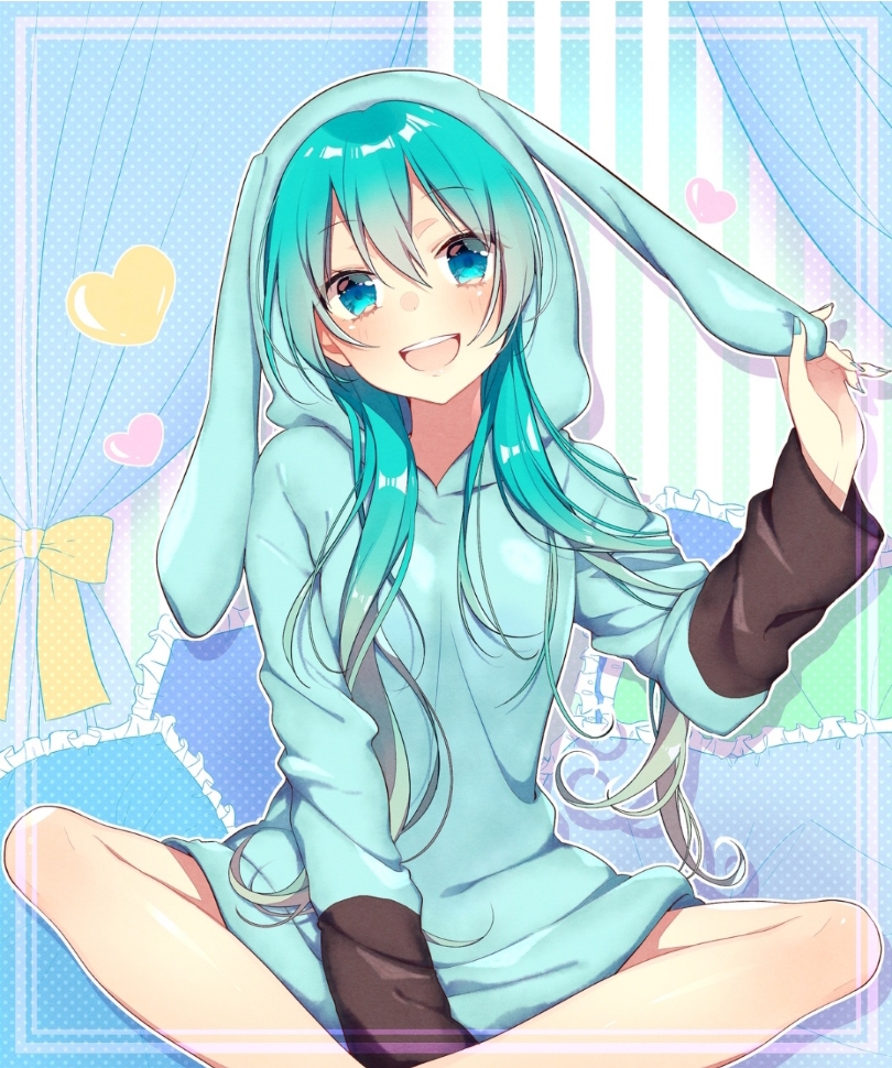 1girl animal_ears animal_hood aqua_eyes aqua_hair aqua_hoodie asagao_minoru between_legs bow bowtie bunny_hood curtains feet_out_of_frame feet_together frilled_pillow frills hand_between_legs hatsune_miku heart holding_ears hood hoodie light_blush long_hair looking_at_viewer open_mouth pillow rabbit_ears sitting smile solo vocaloid