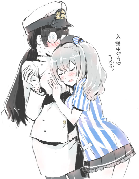 alternate_costume beret black_hair black_legwear black_skirt blush breasts buttons closed_eyes cowboy_shot employee_uniform epaulettes eyebrows_visible_through_hair frilled_skirt frills glasses grey_hair hair_between_eyes hand_on_another's_chest hat hat_ribbon hug kantai_collection kashima_(kantai_collection) lawson long_hair low_ponytail military military_hat military_uniform naval_uniform nyoriko opaque_glasses peaked_cap pleated_skirt ribbon shirt short_sleeves simple_background skirt smile sweat sweating_profusely translated twintails uniform wavy_hair white_background white_shirt