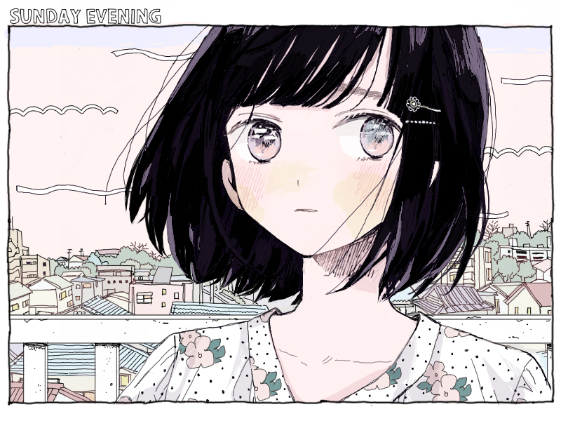1girl black_hair blush building city cityscape commentary_request english_text floral_print hair_ornament hairclip looking_at_viewer original outdoors pink_eyes portrait railing ryuushi shirt short_hair solo tree white_shirt