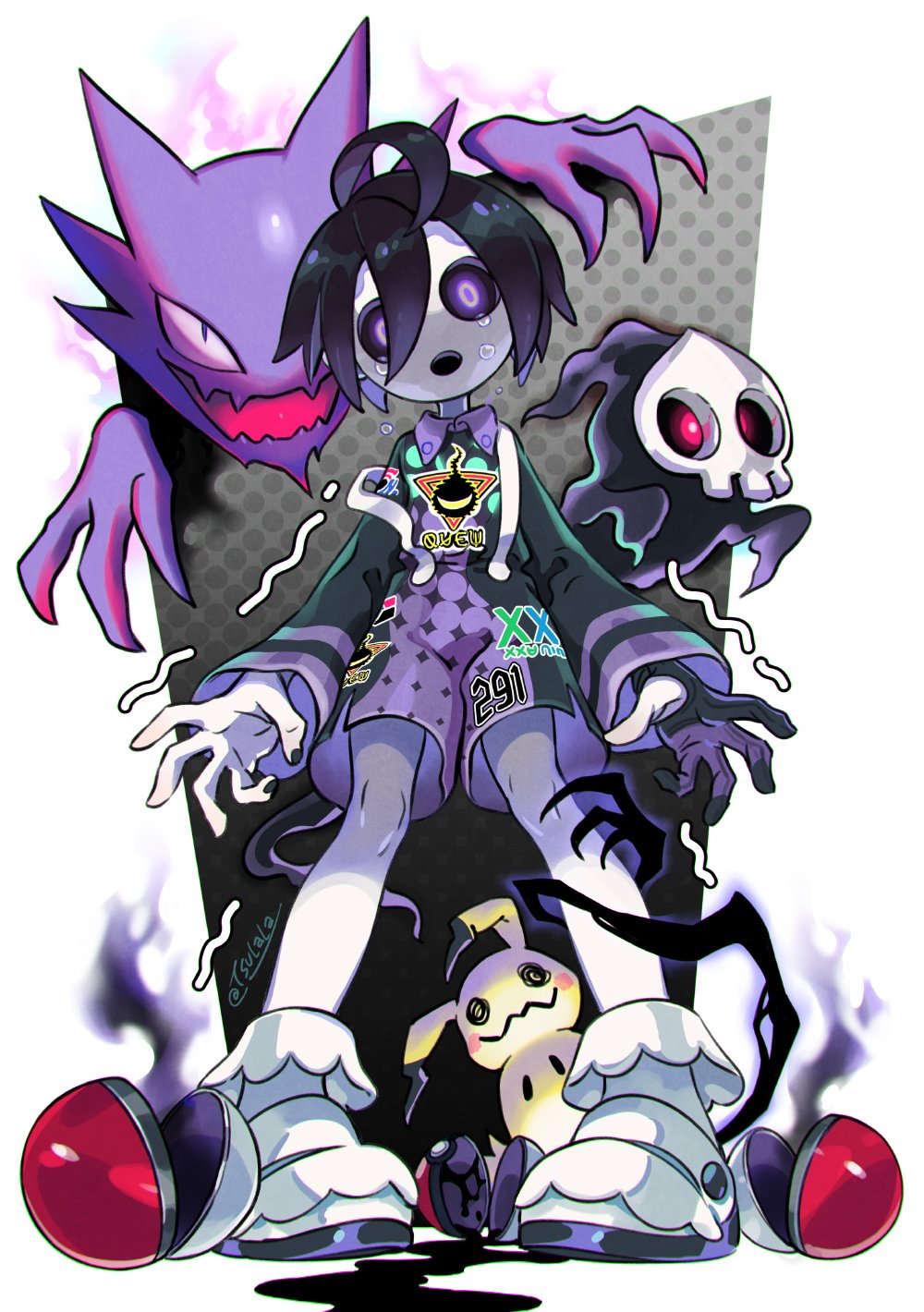 1boy ahoge black_hair duskull gloves gym_leader haunter highres looking_at_viewer male_focus mask mimikyu onion_(pokemon) poke_ball poke_ball_(generic) pokemon pokemon_(creature) pokemon_(game) pokemon_swsh rem_(artist) short_hair shorts single_glove standing suspender_shorts suspenders tears violet_eyes