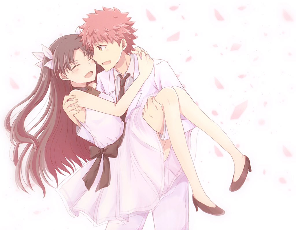 1boy 1girl asin_buy black_hair dress emiya_shirou fate/stay_night fate_(series) redhead smile toosaka_rin twintails white_dress