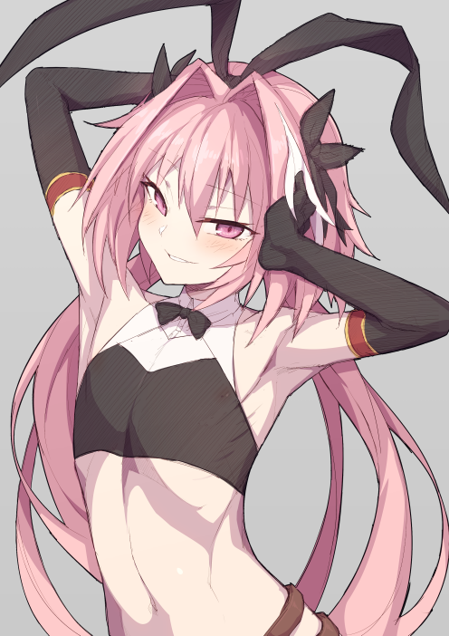 1boy armpits arms_behind_head arms_up astolfo_(fate) astolfo_(saber)_(fate) bangs black_bow black_ribbon blush bow fate/grand_order fate_(series) grin hair_between_eyes hair_bow hair_intakes hair_ribbon long_hair looking_at_viewer male_focus multicolored_hair navel otoko_no_ko pink_hair ribbon smile solo streaked_hair twintails violet_eyes waero white_hair