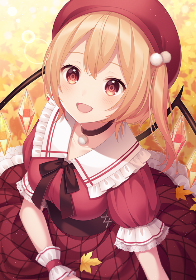 1girl :d alternate_costume alternate_headwear autumn_leaves bangs beret black_choker black_neckwear black_ribbon blonde_hair blush breasts choker collarbone commentary_request crystal eyebrows_visible_through_hair flandre_scarlet frilled_shirt_collar frills hat lens_flare looking_at_viewer medium_breasts neck_ribbon one_side_up open_mouth pom_pom_(clothes) puffy_short_sleeves puffy_sleeves red_eyes red_headwear red_shirt red_skirt ribbon shirt short_hair short_sleeves skirt smile solo touhou upper_body wings wrist_cuffs yamayu