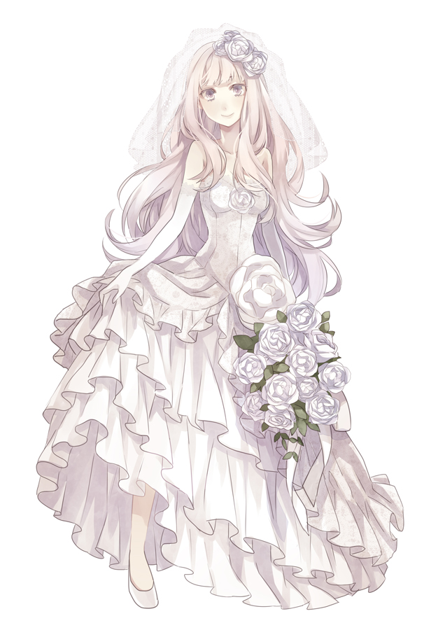 1girl bad_id bad_pixiv_id blush bouquet bride copyright_request dress flower full_body gloves gown gradient_hair hair_ornament layered_dress long_hair multicolored_hair pink_eyes pink_hair shoes simple_background skirt_hold smile strapless strapless_dress veil wedding_dress white_background white_dress yuzuki_karu