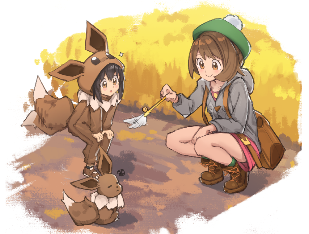 2girls afterimage ankle_boots backpack bag black_hair blush blush_stickers boots brown_eyes brown_footwear brown_hair cchhii3 child closed_mouth cosplay eevee eevee_(cosplay) eevee_costume full_body gen_1_pokemon green_headwear green_legwear grey_coat hands_on_own_knees hood hood_down hooded_coat long_sleeves multiple_girls outdoors pink_skirt poke_kid_(pokemon) poke_toy pokemon pokemon_(creature) pokemon_(game) pokemon_swsh short_hair skirt smile socks sparkle squatting squiggle tail_wagging tam_o'_shanter yuuri_(pokemon)