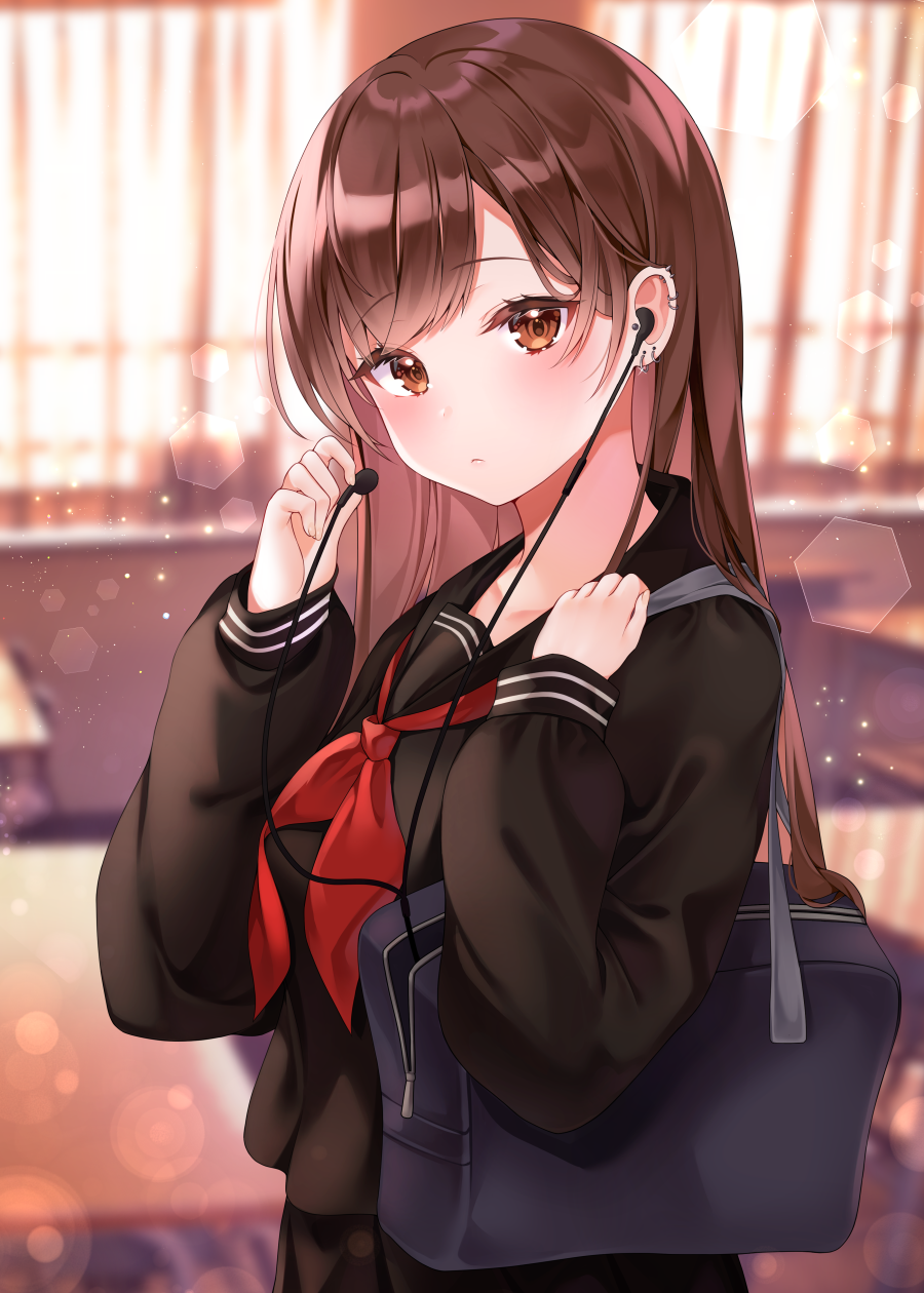 1girl backlighting bag bangs black_sailor_collar black_serafuku black_shirt blurry blurry_background blush brown_eyes brown_hair closed_mouth commentary depth_of_field ear_piercing earphones glint hand_on_own_chest highres holding lens_flare long_hair long_sleeves looking_at_viewer neckerchief original piercing red_neckwear reel37891 sailor_collar school_bag school_uniform serafuku shirt solo swept_bangs upper_body window