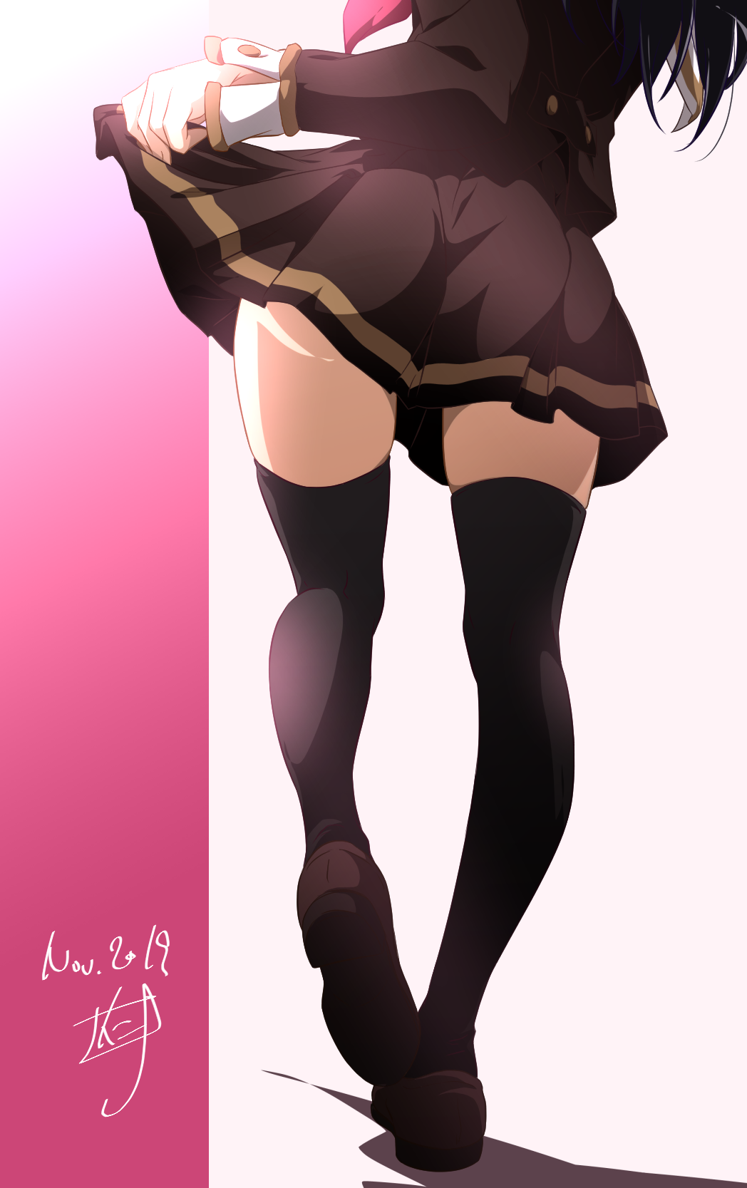 1girl ass black_hair black_legwear black_shirt black_skirt brown_footwear dated gradient gradient_background hibike!_euphonium highres kousaka_reina lifted_by_self loafers long_hair long_sleeves lower_body miniskirt nii_manabu shirt shoes signature skirt skirt_lift solo standing thigh-highs