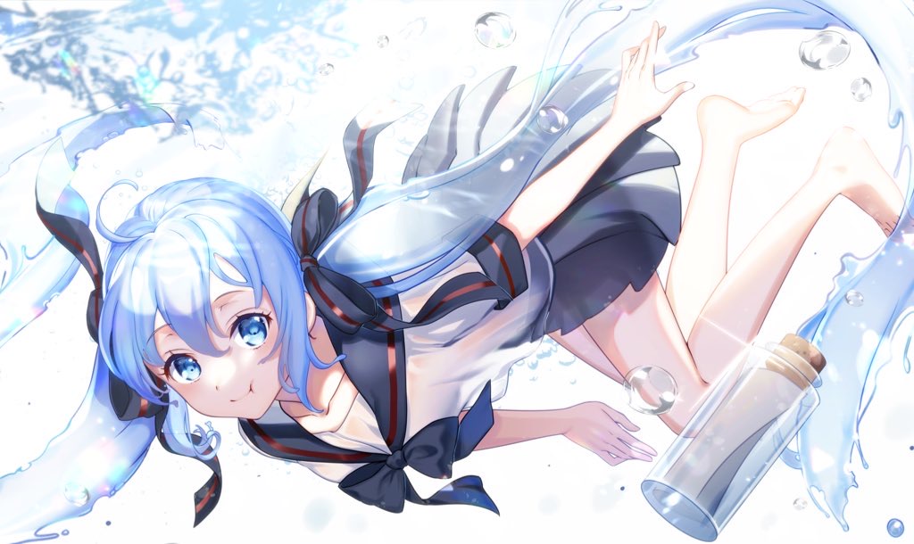 1girl ahoge black_ribbon black_skirt blue_eyes blue_hair bottle bottle_miku bubble caustics collar commentary corked_bottle full_body hatsune_miku holding_breath kirushi_(killcy) liquid_hair long_hair looking_at_viewer message_in_a_bottle miniskirt neck_ribbon pleated_skirt ribbon sailor_collar school_uniform shirt skirt smile solo swimming twintails underwear very_long_hair vocaloid white_shirt