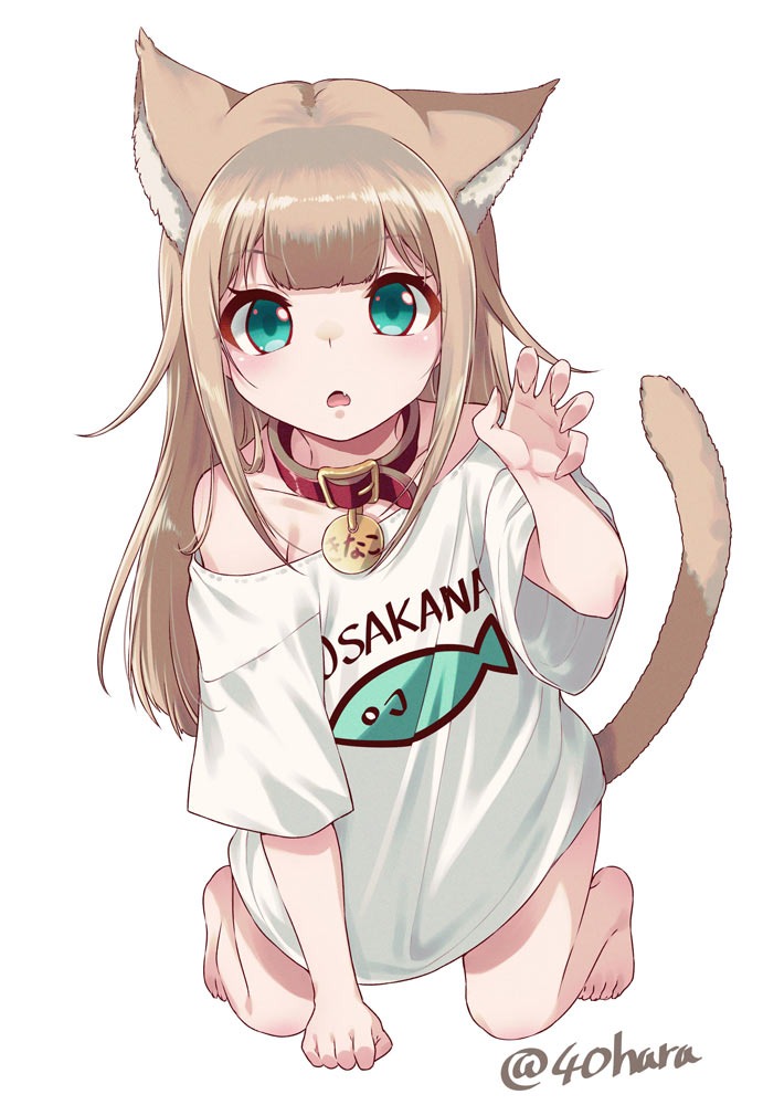 1girl 40hara all_fours animal_ear_fluff animal_ears aqua_eyes bangs barefoot blonde_hair blunt_bangs blush cat_ears cat_girl cat_tail claw_pose clothes_writing collar commentary_request eyebrows_visible_through_hair fang green_eyes kinako kinako_(40hara) long_hair looking_at_viewer open_mouth original pet_collar red_collar shirt solo t-shirt tail twitter_username white_background white_shirt white_t-shirt
