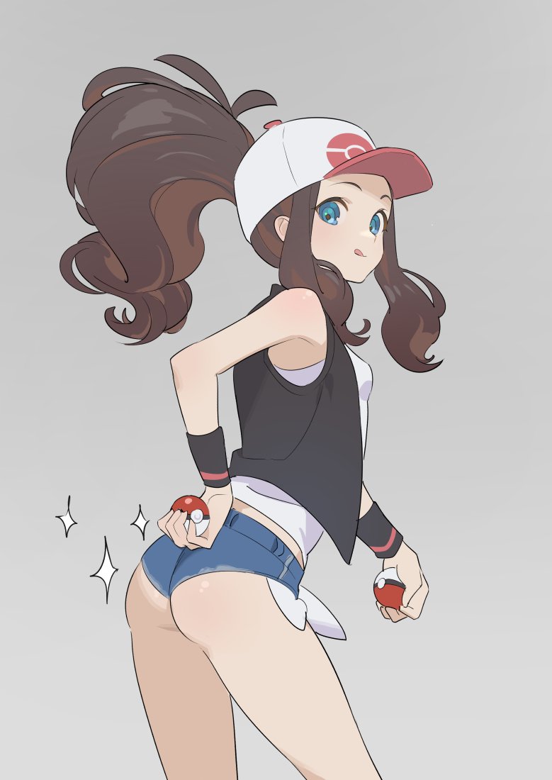 1girl ass bangs baseball_cap black_vest blue_eyes breasts brown_hair closed_mouth curly_hair cutoffs denim denim_shorts exposed_pocket grey_background hat high_ponytail holding holding_poke_ball licking_lips long_hair looking_at_viewer poke_ball pokemon pokemon_(game) pokemon_bw shirt short_shorts shorts sidelocks simple_background sleeveless sleeveless_shirt small_breasts smile solo tank_top thighs tim_loechner tongue tongue_out touko_(pokemon) vest white_headwear white_shirt wristband