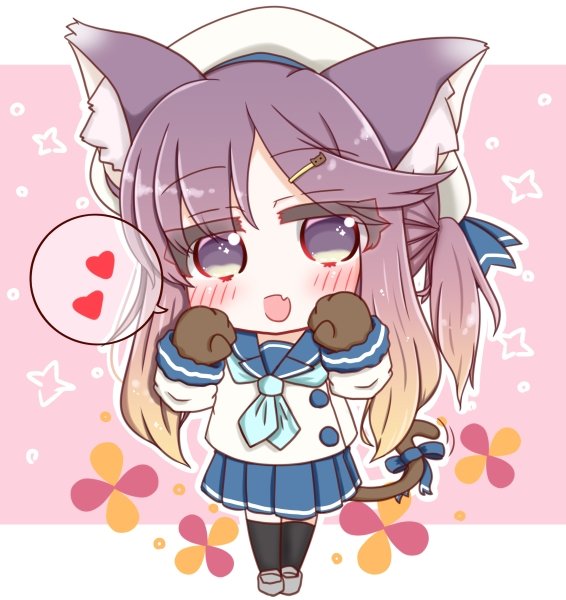 1girl :d animal_ear_fluff animal_ears beret black_legwear blue_bow blue_sailor_collar blue_skirt bow brown_hair cat_ears cat_girl cat_hair_ornament cat_tail chibi commentary_request fang full_body fur-trimmed_sleeves fur_trim gloves gradient_hair grey_footwear hair_ornament hairclip hat heart kantai_collection kemonomimi_mode loafers long_hair long_sleeves multicolored_hair open_mouth paw_gloves paws pink_background pleated_skirt ponytail purple_hair ridy_(ri_sui) sailor_collar school_uniform serafuku shirt shoes sidelocks skirt smile solo sparkle spoken_heart standing tail tail_bow thigh-highs tsushima_(kantai_collection) two-tone_background very_long_hair violet_eyes white_background white_headwear white_shirt