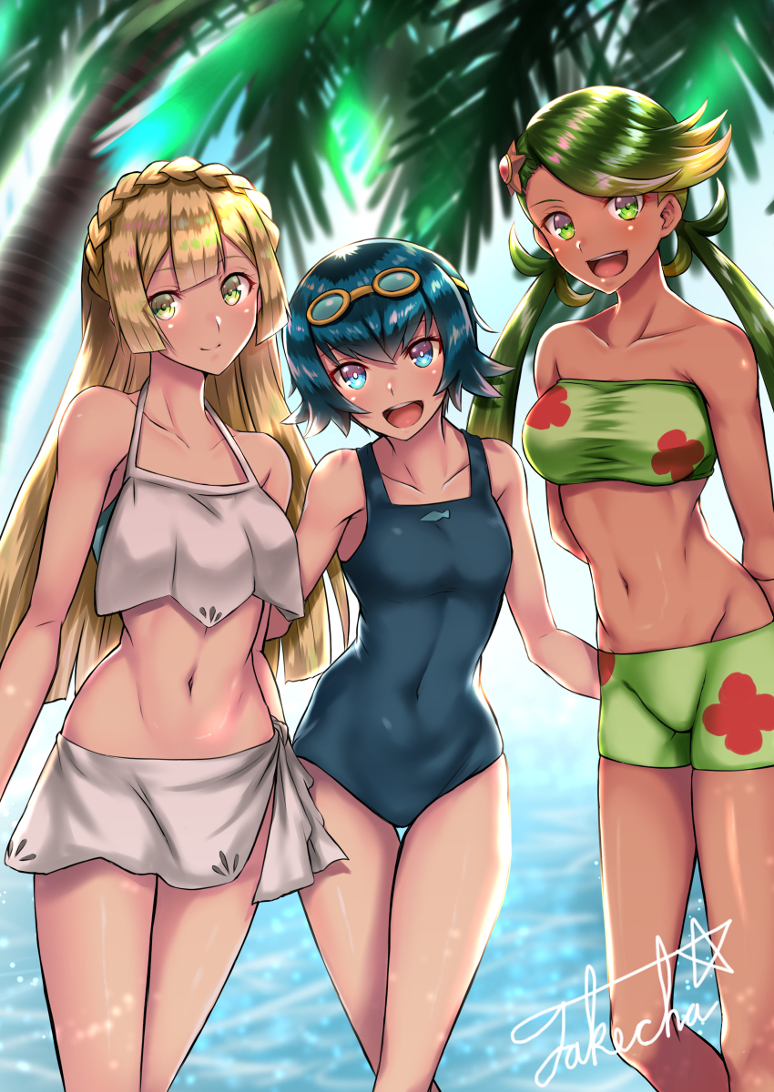 3girls bare_shoulders bikini blonde_hair blue_eyes blue_hair braid closed_mouth covered_navel dark_skin goggles goggles_on_head green_eyes green_hair hair_ornament highres lillie_(pokemon) long_hair low_twintails mallow_(pokemon) midriff multiple_girls navel one-piece_swimsuit open_mouth pokemon short_hair shorts signature smile staryu suiren_(pokemon) swimsuit takecha teeth tree twintails water