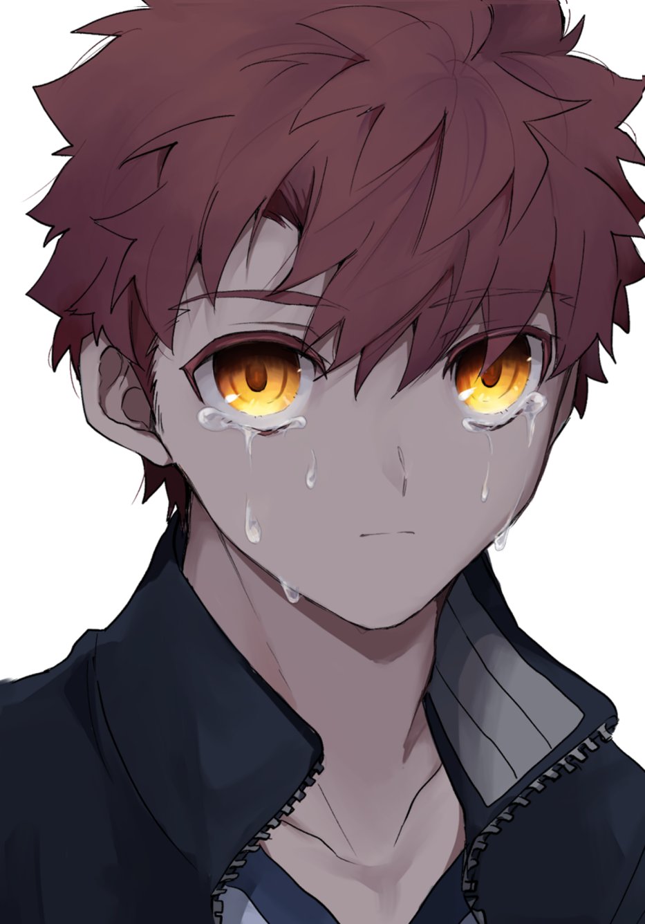 1boy crying crying_with_eyes_open emiya_shirou fate/stay_night fate_(series) highres jacket kamo_0707 male_focus open_clothes open_jacket redhead sad solo tagme tears type-moon yellow_eyes