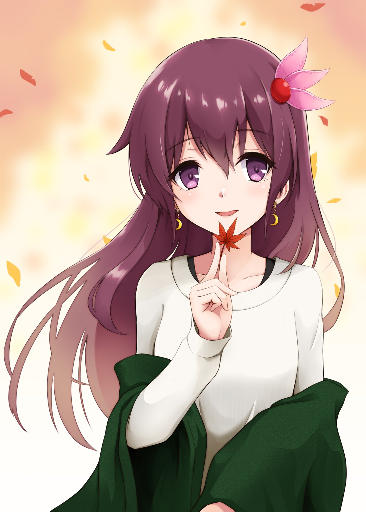 1girl alternate_costume autumn_leaves bangs blush collarbone crescent earrings eyebrows_visible_through_hair hair_between_eyes hair_ornament highres holding holding_leaf jewelry kantai_collection kisaragi_(kantai_collection) leaf long_hair long_sleeves mmt_uf open_mouth purple_hair shirt solo upper_body violet_eyes