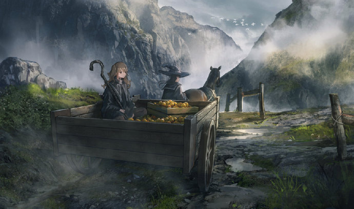 2girls bird black_hair brown_hair cart day food from_behind hat horse jun_(5455454541) long_hair multiple_girls original outdoors road sailor_collar scenery sitting staff witch_hat