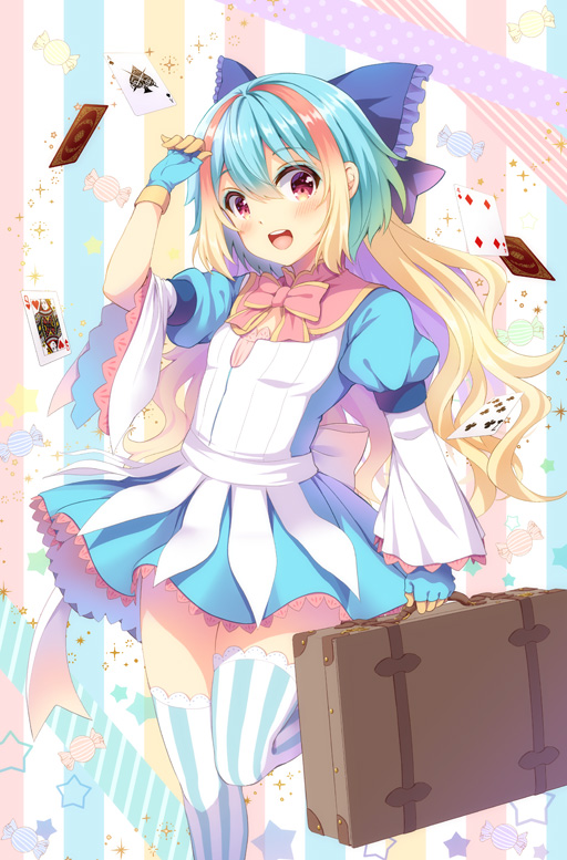 1girl :d arm_up bangs blonde_hair blue_bow blue_dress blue_gloves blue_hair blush bow brown_hair card club_(shape) commentary_request diamond_(shape) dress eyebrows_visible_through_hair fingerless_gloves frilled_bow frills gloves hair_between_eyes hair_bow heart holding juliet_sleeves kuroe_(sugarberry) little_alice_(wonderland_wars) long_sleeves looking_at_viewer multicolored_hair open_mouth pink_bow playing_card puffy_sleeves purple_hair smile solo spade_(shape) standing standing_on_one_leg star striped striped_legwear suitcase thigh-highs upper_teeth vertical-striped_legwear vertical_stripes wide_sleeves wonderland_wars