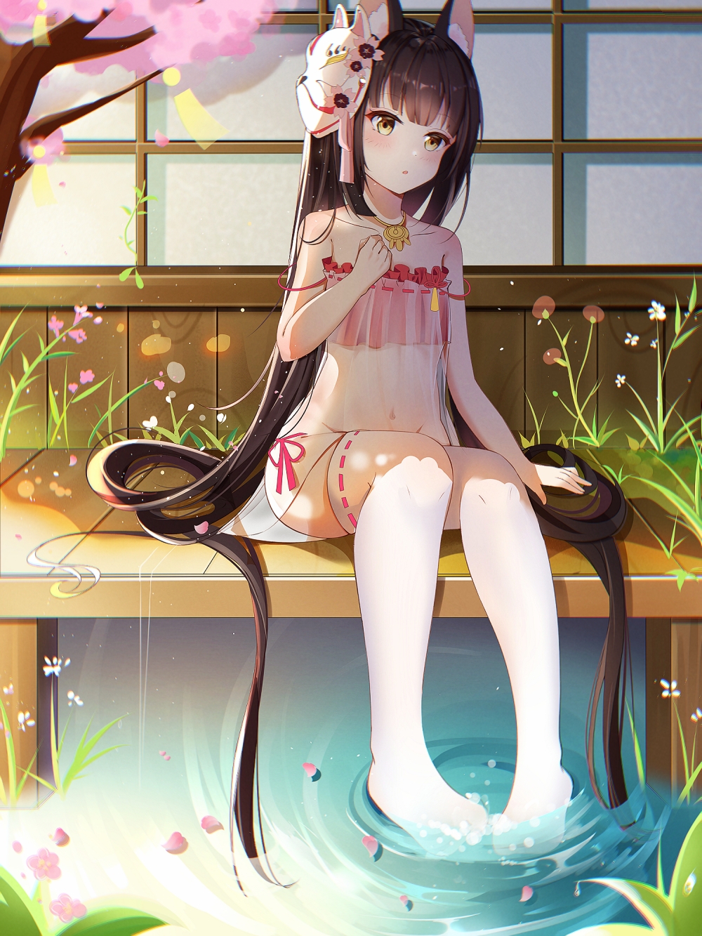 1136002526 1girl animal_ear_fluff animal_ears azur_lane bangs black_hair blunt_bangs cherry_blossoms chinese_commentary collarbone commentary_request day falling_petals flat_chest fox_ears fox_mask highres hime_cut jewelry lingerie long_hair mask mask_on_head nagato_(azur_lane) nagato_(great_fox's_sleepwear)_(azur_lane) navel necklace negligee outdoors pond porch see-through shouji sitting sliding_doors solo stomach straight_hair strap_slip thigh-highs underwear very_long_hair water white_legwear wooden_floor yellow_eyes