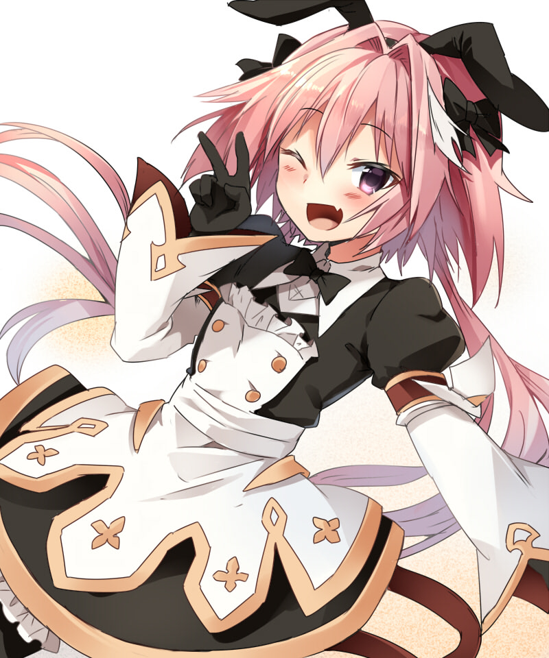 1boy astolfo_(fate) astolfo_(saber)_(fate) bangs black_bow black_ribbon blush bow dress fang fate/grand_order fate_(series) hair_between_eyes hair_bow hair_intakes hair_ribbon hand_up long_hair long_sleeves looking_at_viewer marimo_danshaku multicolored_hair one_eye_closed open_mouth otoko_no_ko pink_hair ribbon simple_background smile solo streaked_hair twintails v violet_eyes white_background white_hair