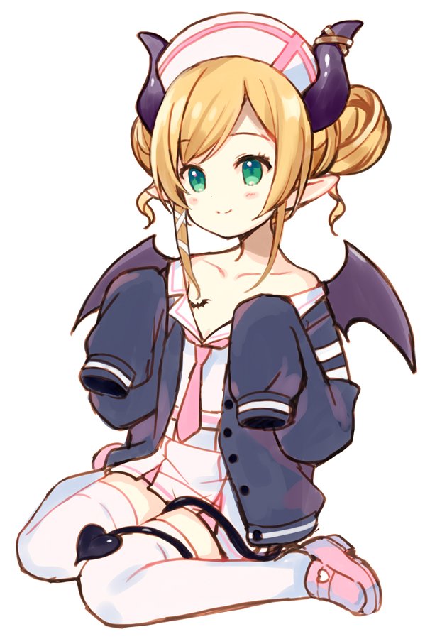 1girl age_regression bangs black_jacket black_wings blonde_hair blush closed_mouth collarbone collared_shirt curled_horns demon_girl demon_horns demon_tail demon_wings double_bun eyebrows_visible_through_hair full_body green_eyes hair_ribbon hat heart hololive horns jacket loafers long_hair long_sleeves looking_away meito_(maze) necktie nurse_cap off_shoulder open_clothes open_jacket pink_footwear pink_neckwear pleated_skirt pointy_ears ribbon shirt shoes sidelocks simple_background sitting skirt sleeves_past_fingers sleeves_past_wrists smile solo swept_bangs tail thigh-highs virtual_youtuber wariza white_background white_headwear white_legwear white_ribbon white_shirt white_skirt wings younger yuzuki_choco