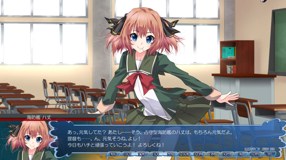 1girl black_ribbon blue_eyes brown_hair candy chair chalkboard classroom commentary_request desk fake_screenshot food green_jacket green_sailor_collar green_skirt hachijou_(kantai_collection) hair_ribbon inaba_shiki indoors jacket kantai_collection lollipop long_sleeves looking_at_viewer neck_ribbon pleated_skirt red_ribbon ribbon sailor_collar school_chair school_desk school_uniform serafuku short_hair skirt smile solo translation_request window