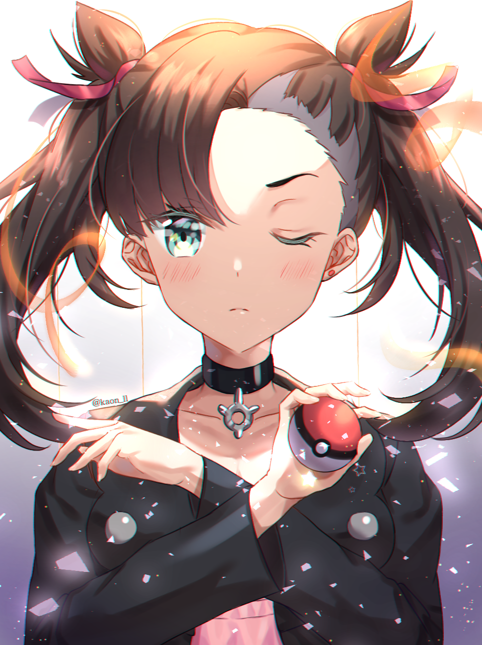 1girl ;( aqua_eyes asymmetrical_bangs bangs black_choker black_hair black_jacket blush choker closed_mouth collarbone colored_eyelashes earrings eyebrows_visible_through_hair gradient gradient_background hair_ribbon highres holding holding_poke_ball jacket jewelry kaon_(kaon_ll) long_hair long_sleeves looking_at_viewer mary_(pokemon) open_clothes open_jacket poke_ball poke_ball_(generic) pokemon pokemon_(game) pokemon_swsh red_ribbon ribbon single_earring solo stud_earrings twintails twitter_username upper_body v-shaped_eyebrows
