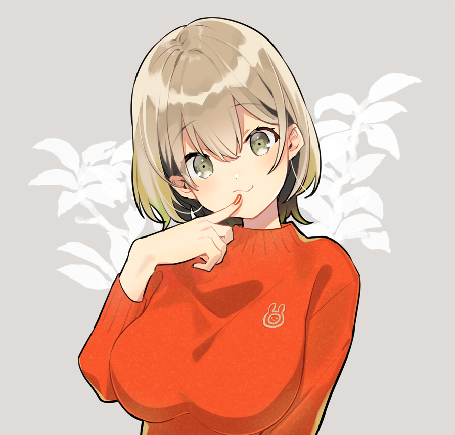 1girl :s bangs blush breasts brown_hair closed_mouth commentary_request eyebrows_visible_through_hair finger_to_mouth floral_background green_eyes head_tilt large_breasts long_sleeves looking_at_viewer okanoyuno original red_sweater short_hair solo sweater upper_body