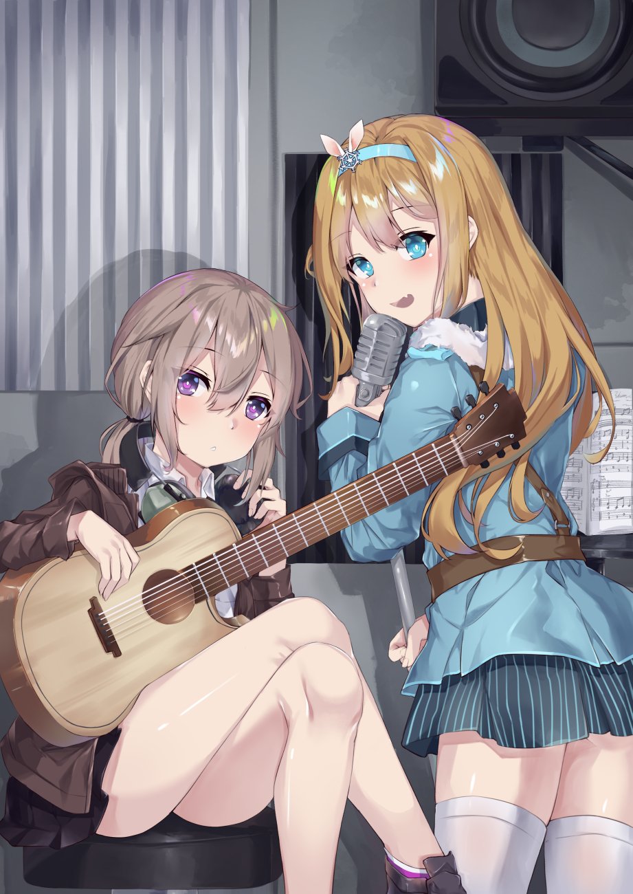 2girls blue_eyes brown_hair crossed_legs fang fuyukin_chiba girls_frontline guitar hairband headphones headphones_around_neck highres instrument jacket light_brown_hair looking_back m200_(girls_frontline) microphone microphone_stand multiple_girls sheet_music studio suomi_kp31_(girls_frontline) thigh-highs violet_eyes