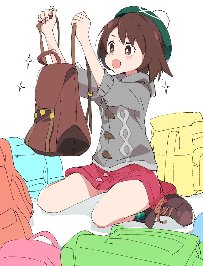 1girl :d backpack bag brown_eyes brown_footwear brown_hair full_body green_headwear grey_cardigan hat ixy open_mouth pokemon pokemon_(game) pokemon_swsh red_shorts shoes short_hair shorts simple_background sitting smile solo tam_o'_shanter thighs white_background yuuri_(pokemon)